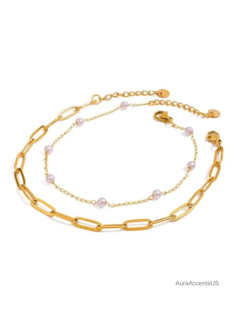 Double Layered Pearl Ankle Bracelet Gold Chain Anklet Adjustable Dainty Beach